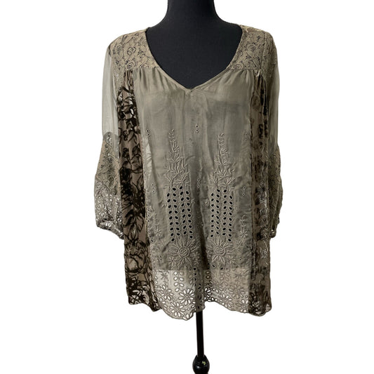 4 Love And Liberty Olive Green Crushed Velvet Eyelet Lace Sheer Peasant Blouse Sz S