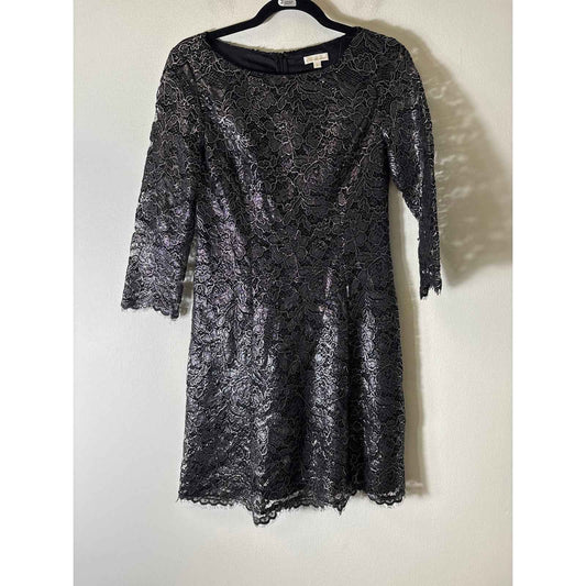 Shoshanna Black Silver Floral Lace Long Sleeve Knee Length Dress Sz 2