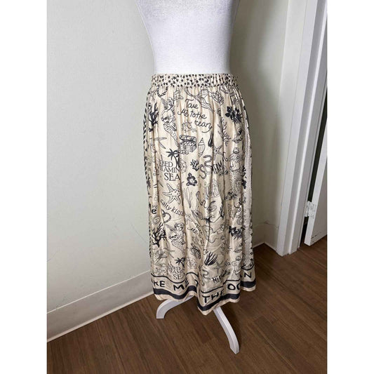 Me369 Off White Black Ocean Themed Midi Skirt Sz XS
