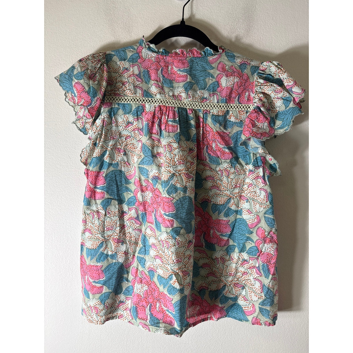 Allison Pink and Green Flutter Sleeve Cotton Top Sz M