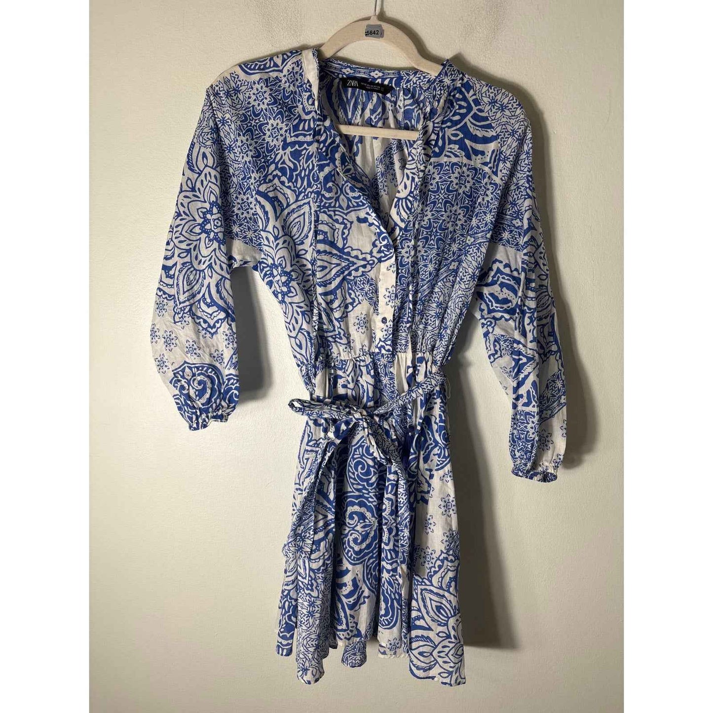 Zara Blue and White Tassel Tie Mini Dress Sz XS