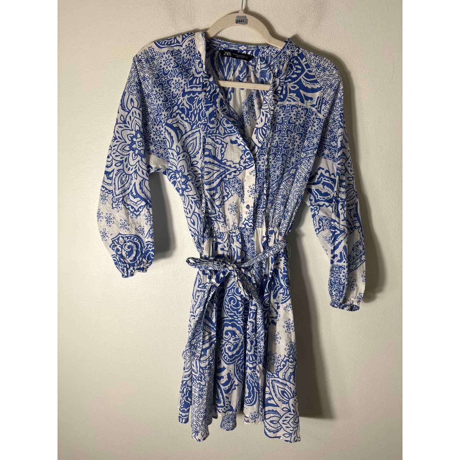 Zara Blue and White Tassel Tie Mini Dress Sz XS
