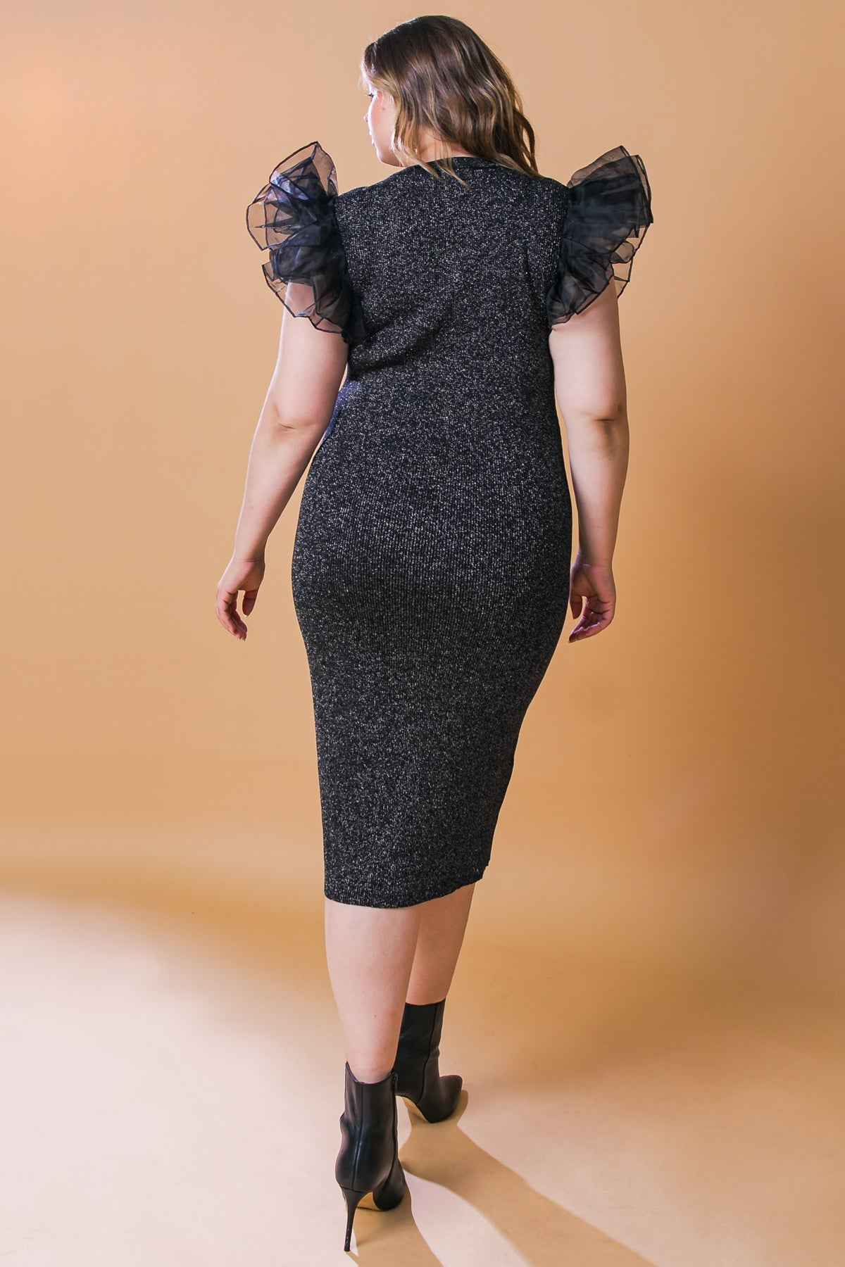 VOLUMINOUS POWER METALLIC MIDI DRESS