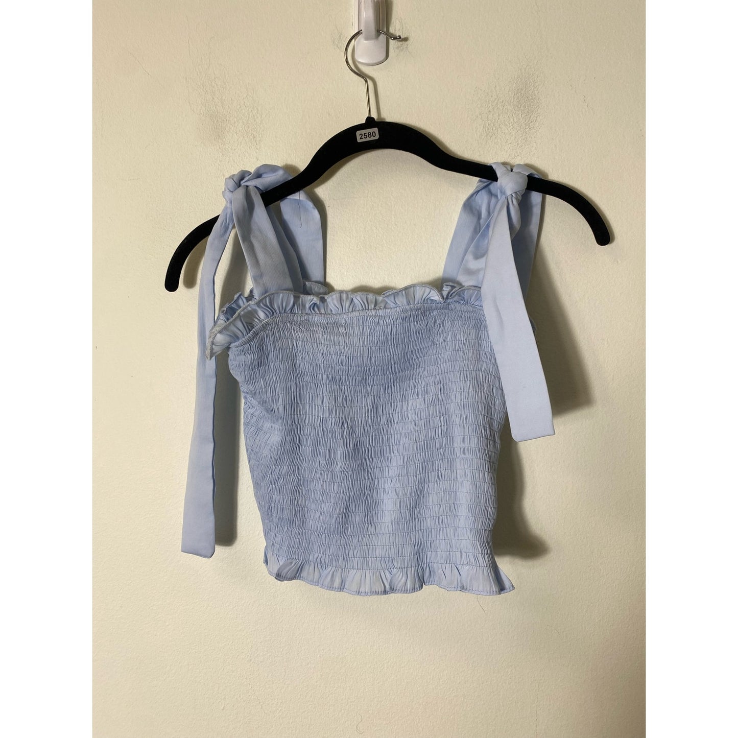 TCEC Baby Blue Cropped Smocked Top with Ribbon Straps Sz S