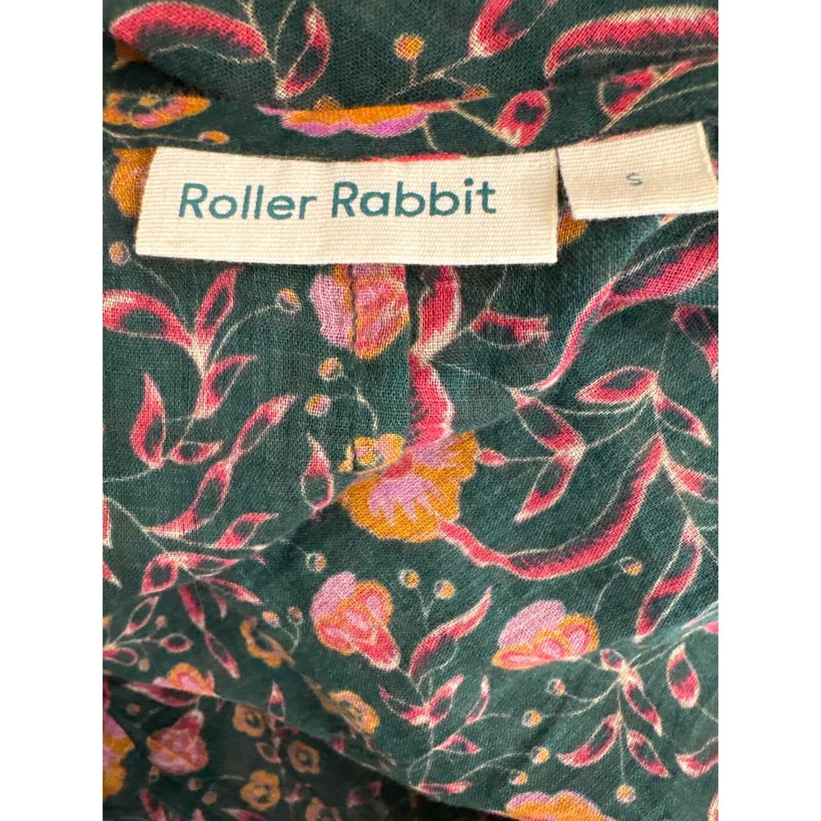 Roller Rabbit Dark Green Floral Cotton Long Sleeve Tie-Over Top Sz S