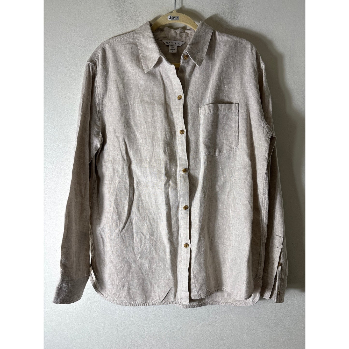 Athleta Wheat Linen Button Up Long Sleeve Shirt Sz M
