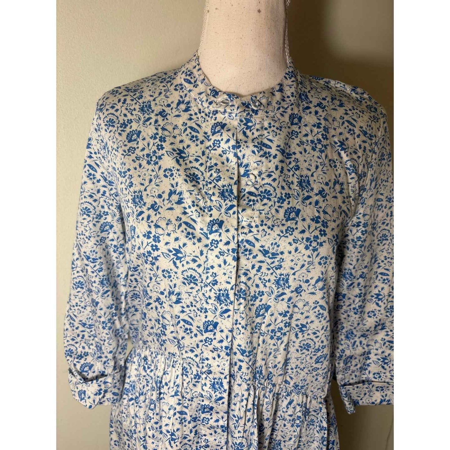 Tuckernuck Blue Floral 3/4 Sleeve Button Up Cotton Knee Length Dress Sz XS