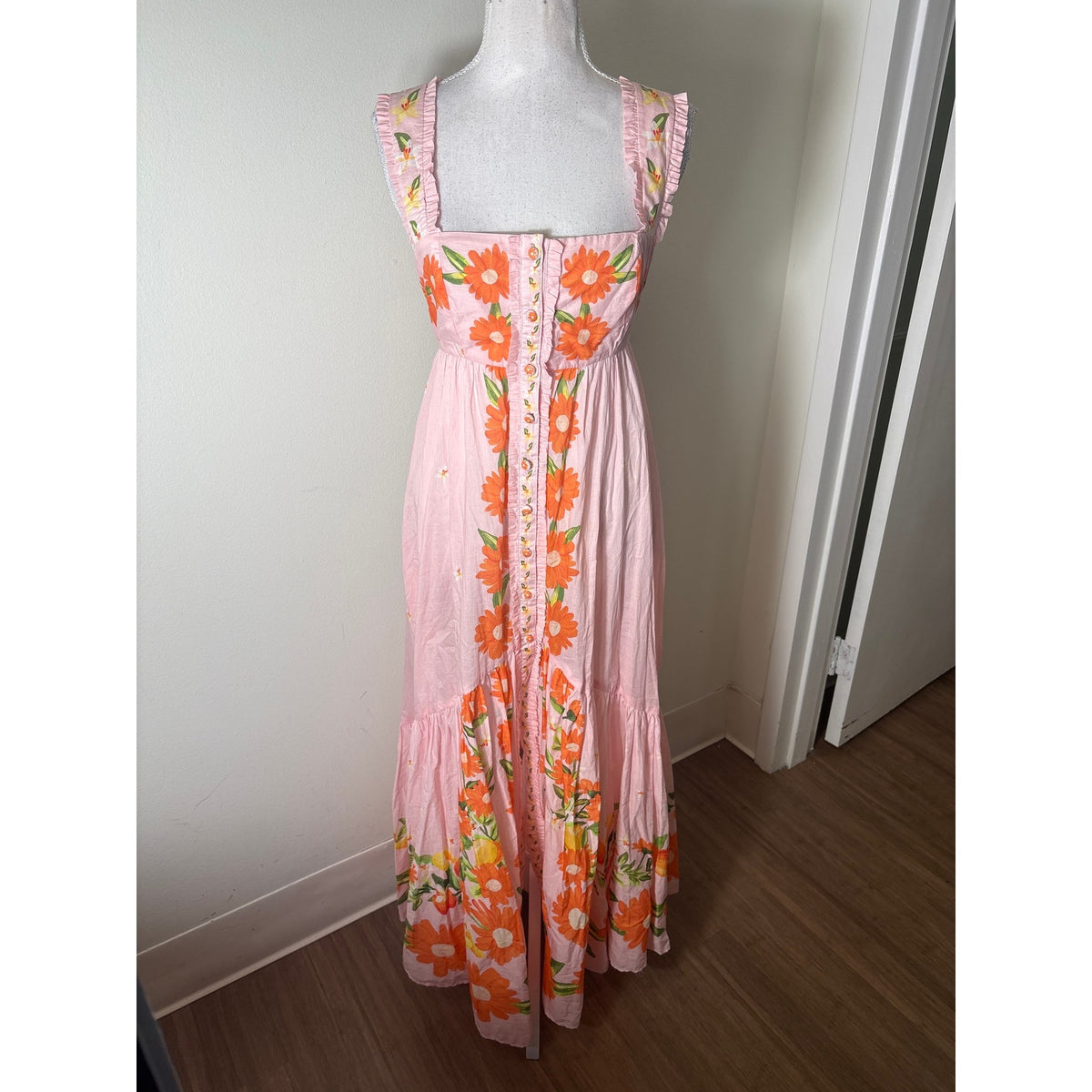 FArm Rio Pink Orange Floral Backless Cotton Maxi Dress Sz S
