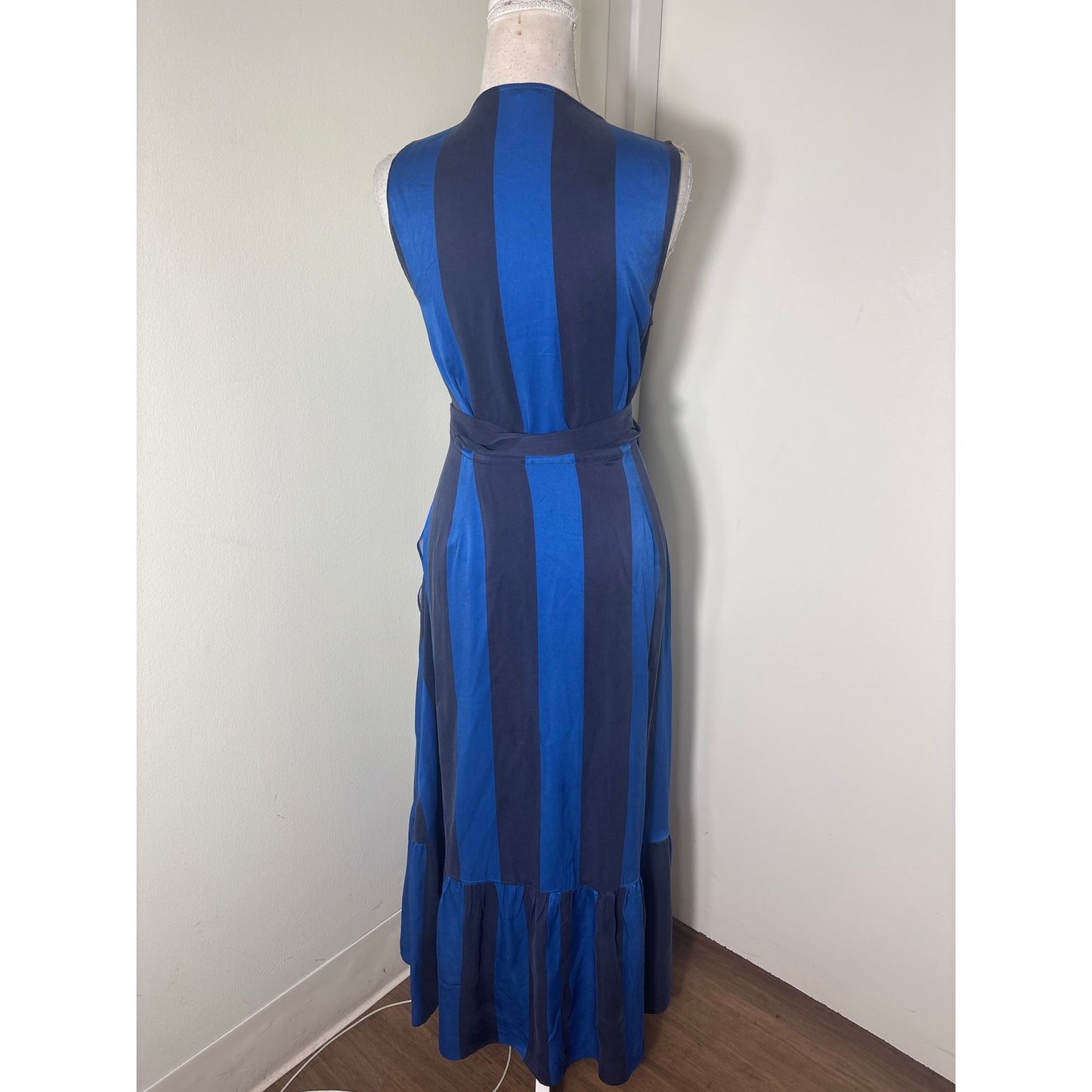 Unsubscribed Blue Stripe Sleeveless Silk Wrap Maxi Dress Sz S