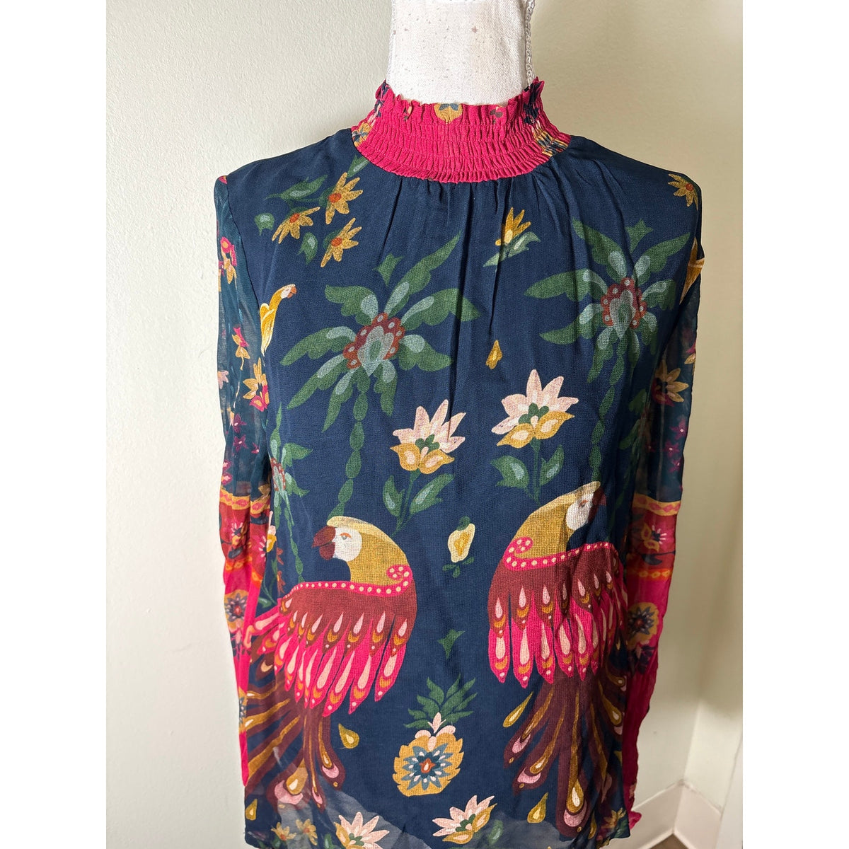 Farm Rio Navy and Pink Floral & Bird Up Collar Blouse Sz S