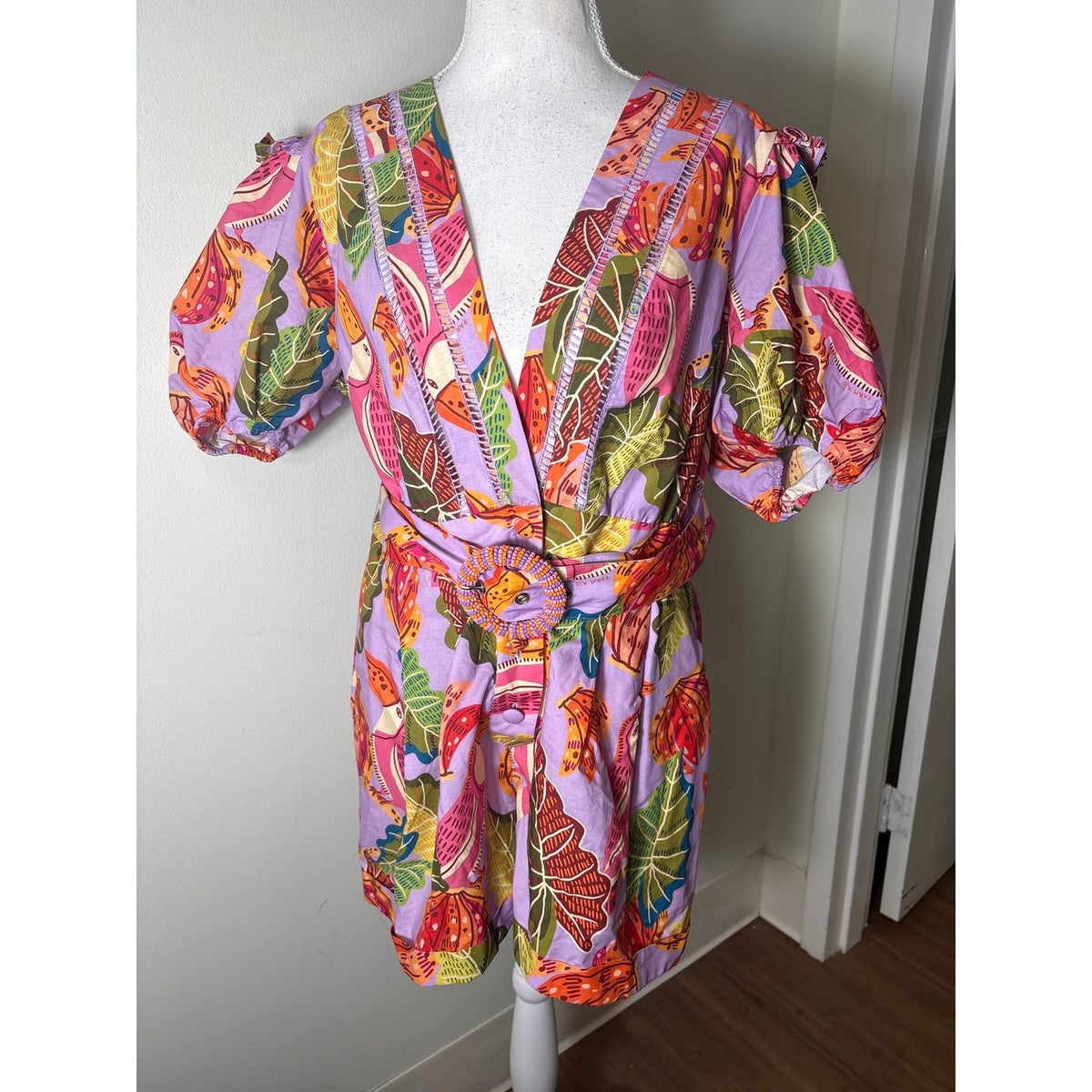 Farm Rio Purple Toucan Print Half Puff Sleeve Cotton Romper Sz L