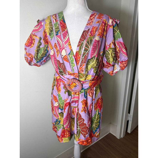 Farm Rio Purple Toucan Print Half Puff Sleeve Cotton Romper Sz L