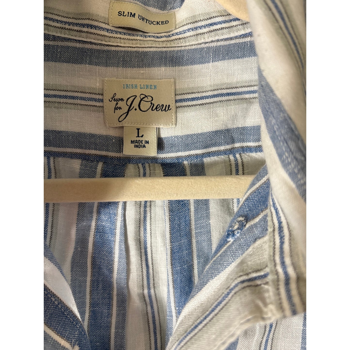 Men's J. Crew Blue White Stripe Long Sleeve Button Up Linen Shirt Sz L