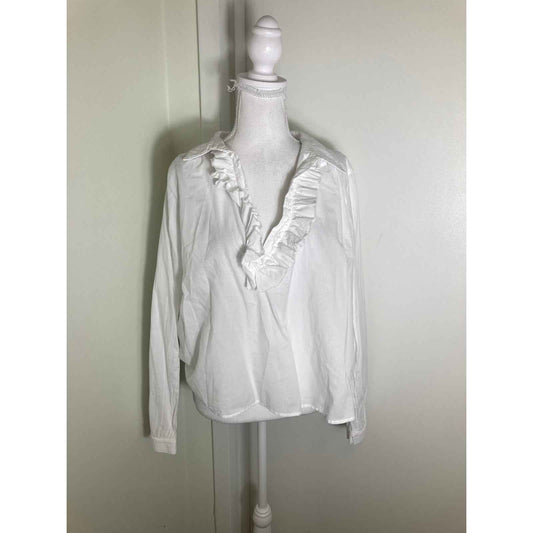 A Shirt Thing White Long Sleeve Cotton V-Neck with Ruffle Detailing Sz M