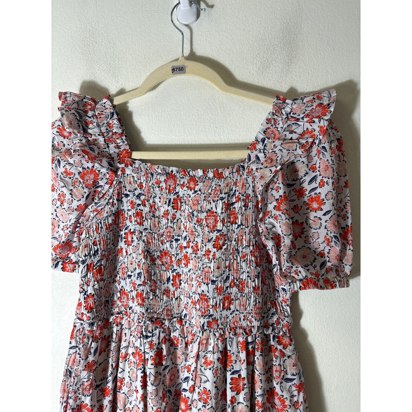 Vineyard Vines Orange Navy Floral Short Sleeve Cotton Smocked Dress Sz L