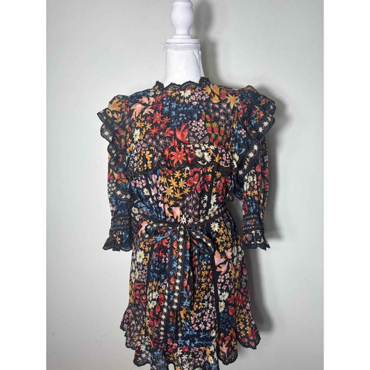 NWT Farmrio Black Floral Half Sleeve Back Zip Mini Dress Sz S