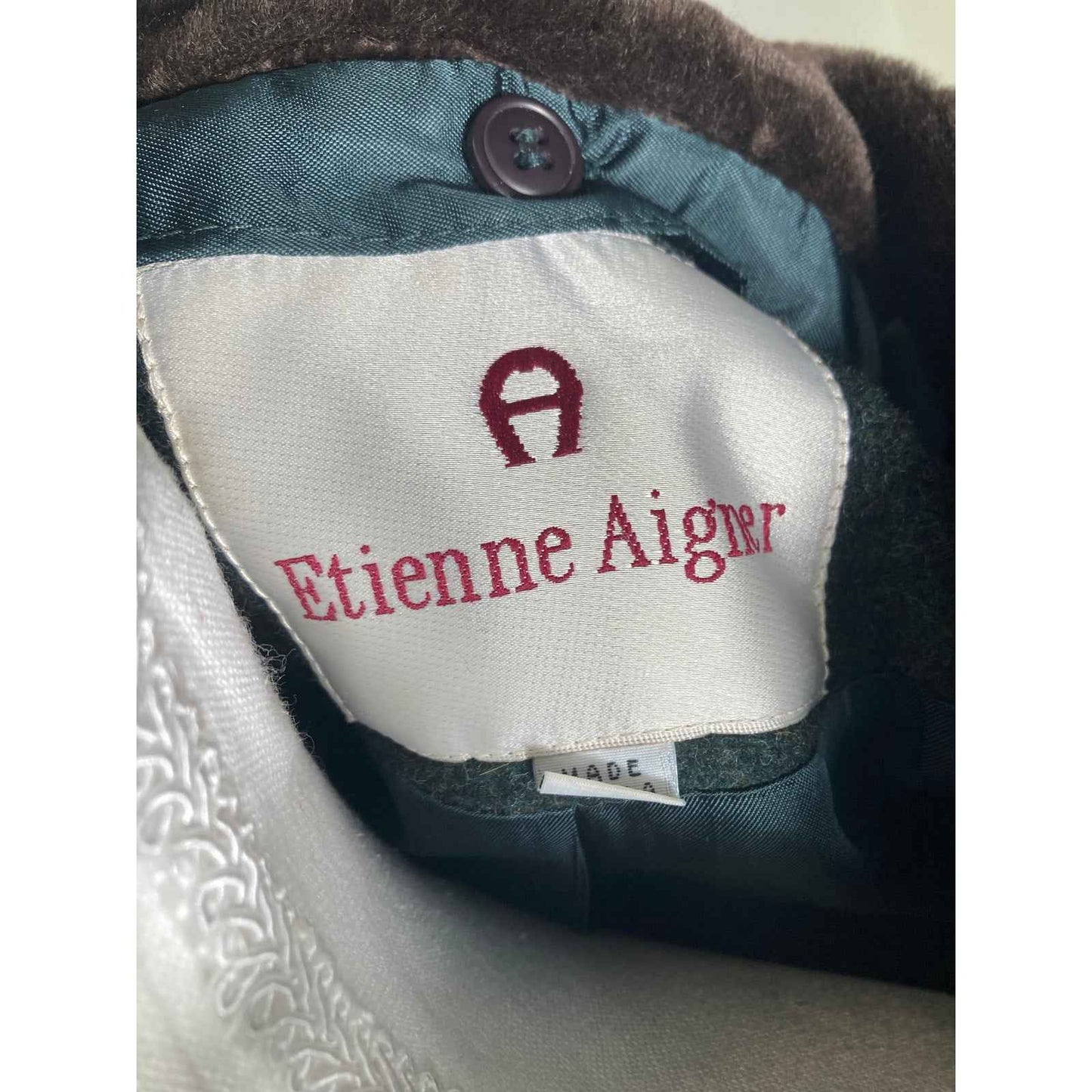 Etienne Aigner Green Wool Fur Collar Trimmed Coat Sz 12