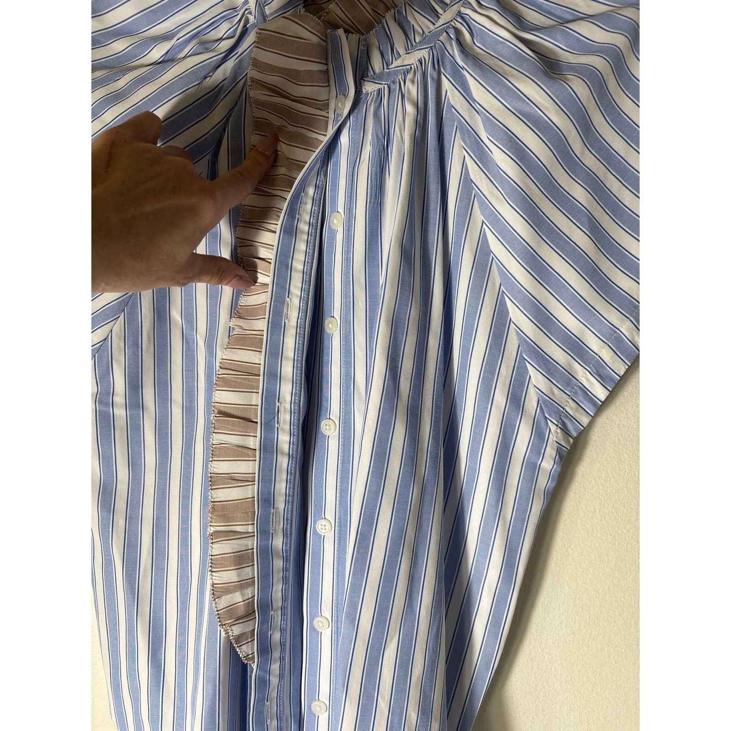 Sundays Blue Tan Stripe Cap Sleeve Button Up Ruffled High Collar Sz S