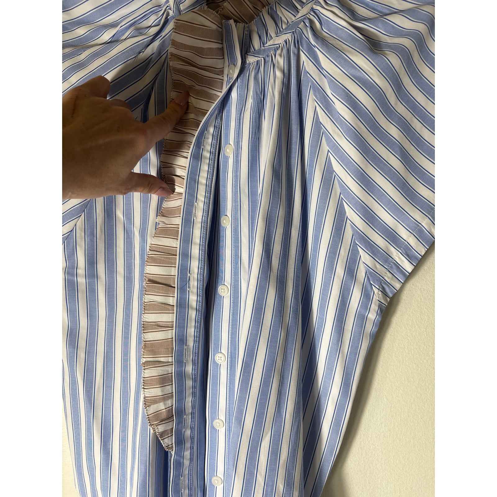 Sundays Blue Tan Stripe Cap Sleeve Button Up Ruffled High Collar Sz S