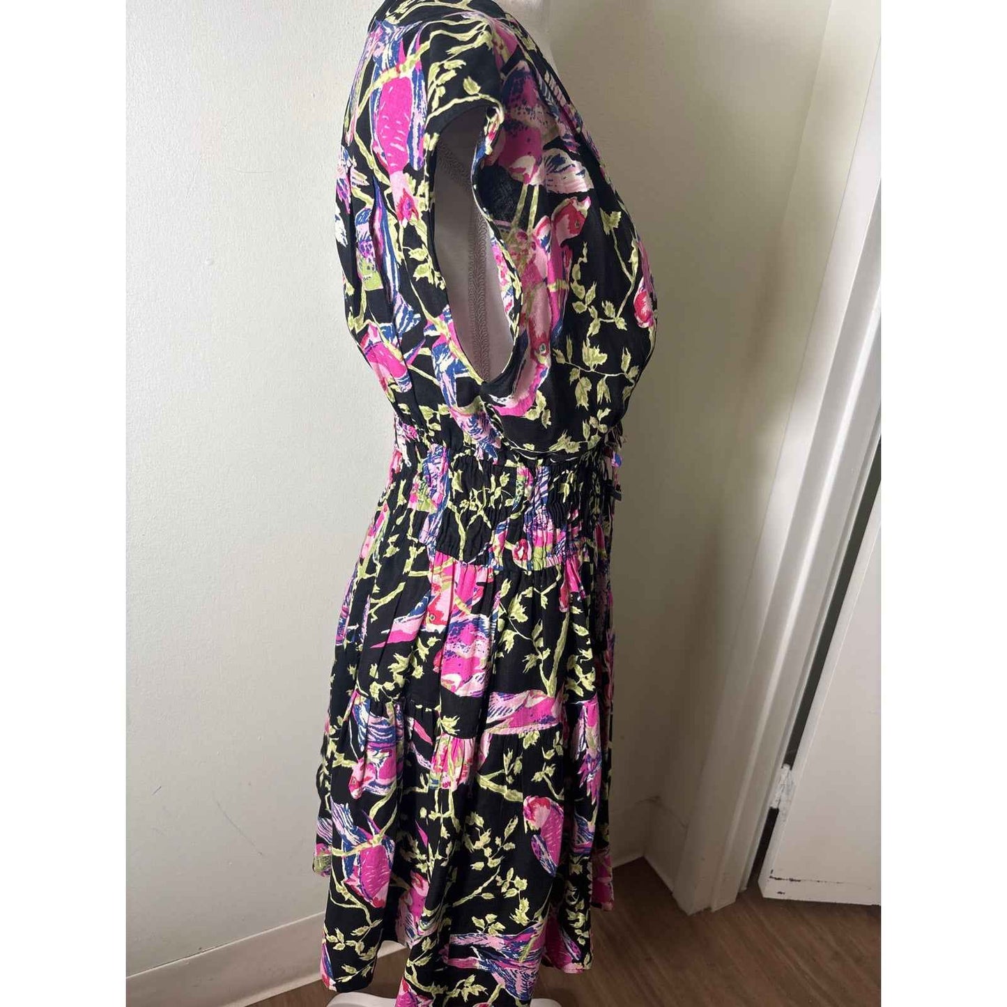 Derek Lam IO Crosby Black Pink Birds Cap Sleeve Knee Length Dress Sz 6