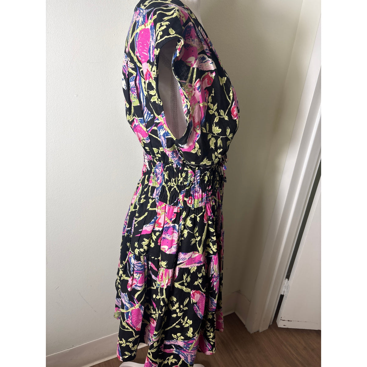 Derek Lam IO Crosby Black Pink Birds Cap Sleeve Knee Length Dress Sz 6