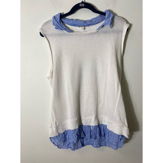 Drew Cream Sleeveless Knit Blouse With Blue Shirt Collar And Hem Sz L