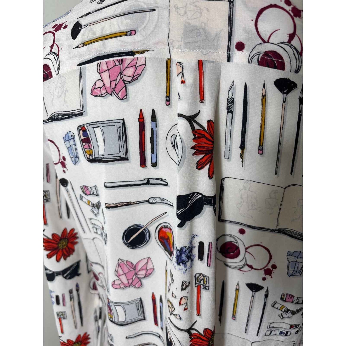 Equipment Femme White Art Print Long Sleeve Silk Button Up Shirt Sz M