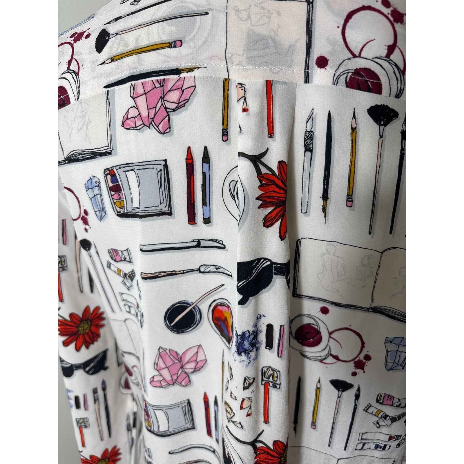 Equipment Femme White Art Print Long Sleeve Silk Button Up Shirt Sz M