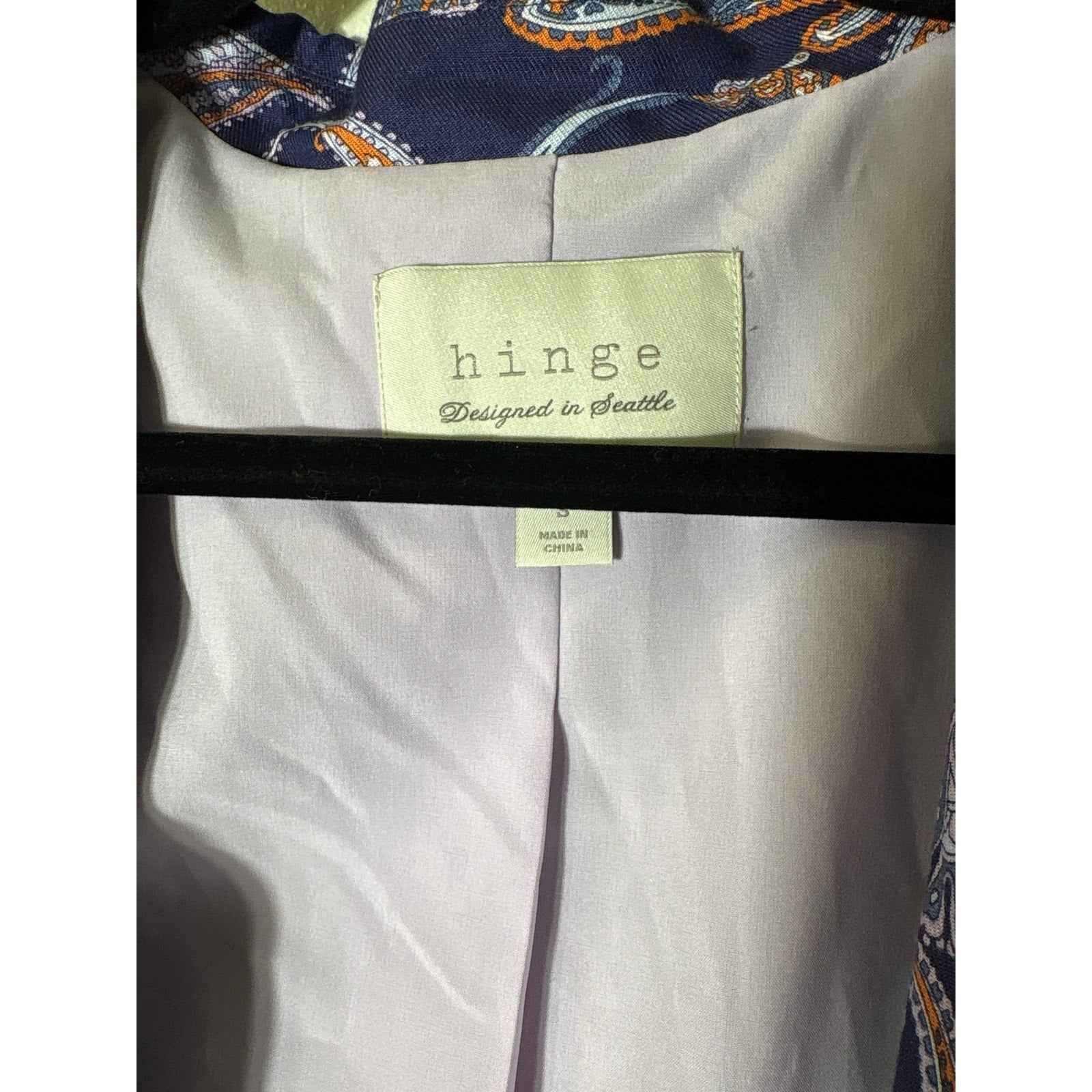 Hinge Navy Blue Orange Paisley One Button Long Sleeve Blazer Sz S