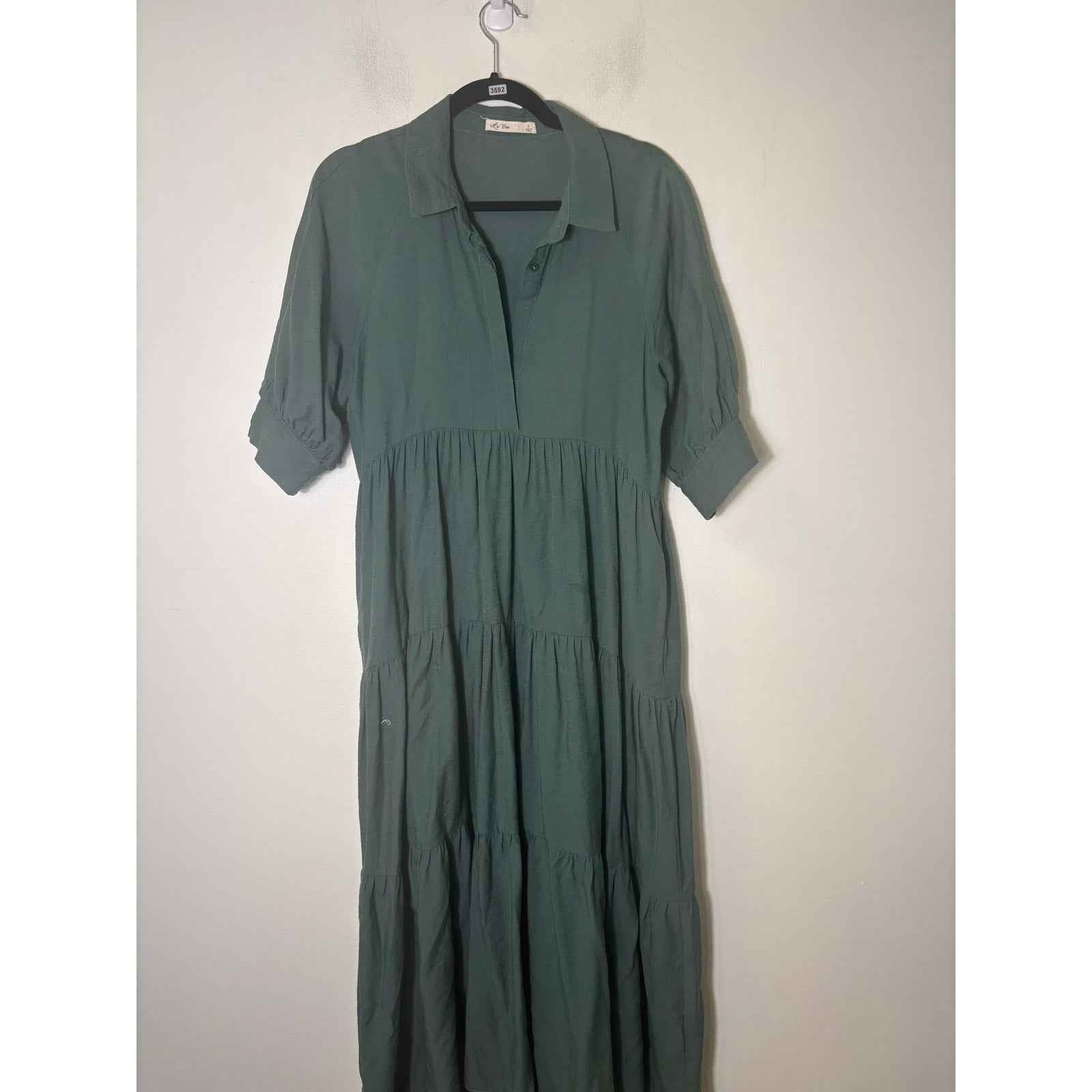 La Ven Dark Green Short Sleeve Tiered Maxi Dress Sz S