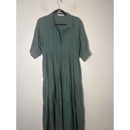 La Ven Dark Green Short Sleeve Tiered Maxi Dress Sz S