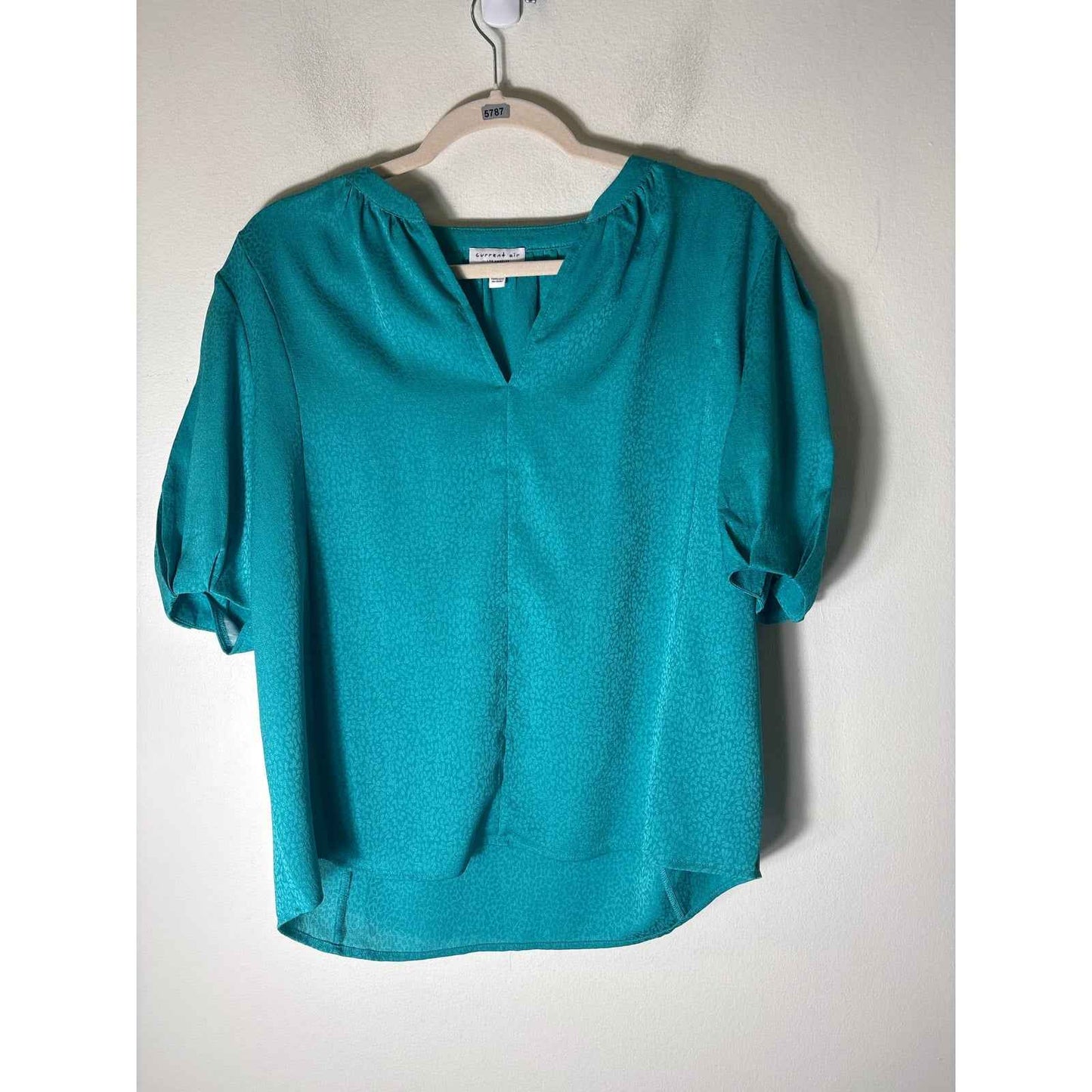 Current Air Teal Green Half Puff Sleeve V-Neck Shirt Sz M