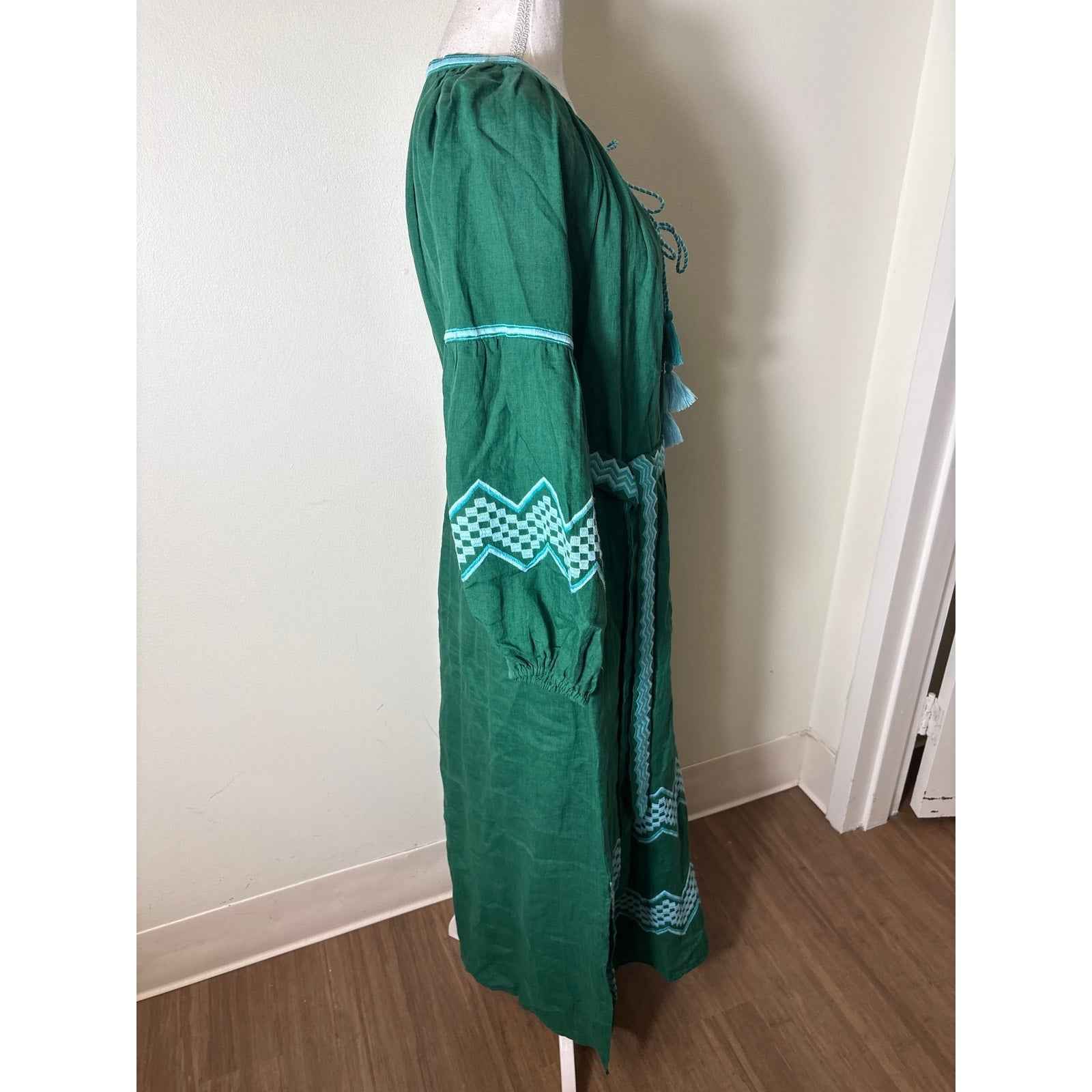 Benaras Green Long Sleeve Linen Maxi Dress Sz L