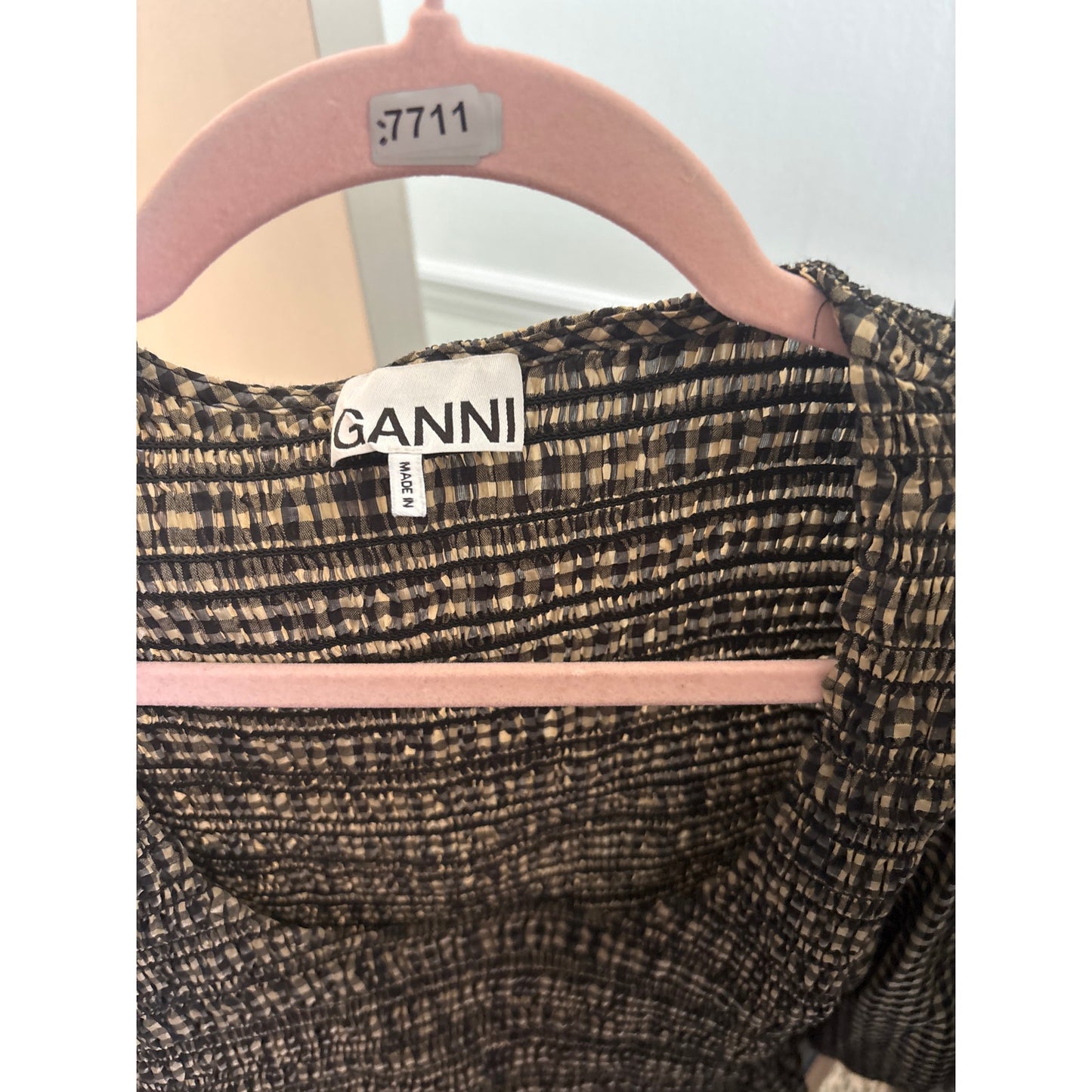 Ganni Tan and Black Check Smocked Bodice Dress Sz 38 (L)