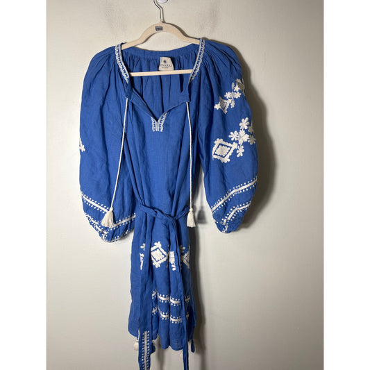 Benaras Blue Puff Sleeve Linen Embroidered Mini Dress Sz M