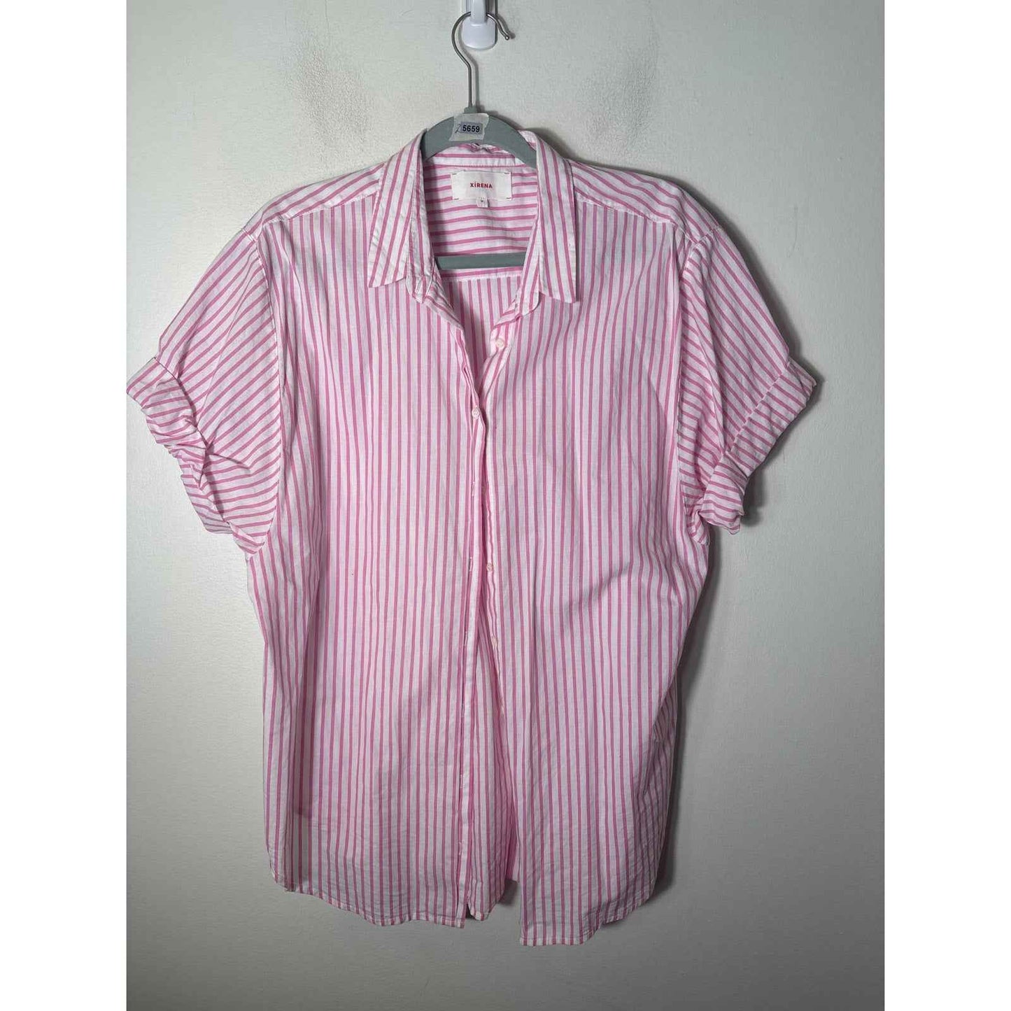Xirena Pink White Stripe Cap Sleeve Cotton Button Up Sz M