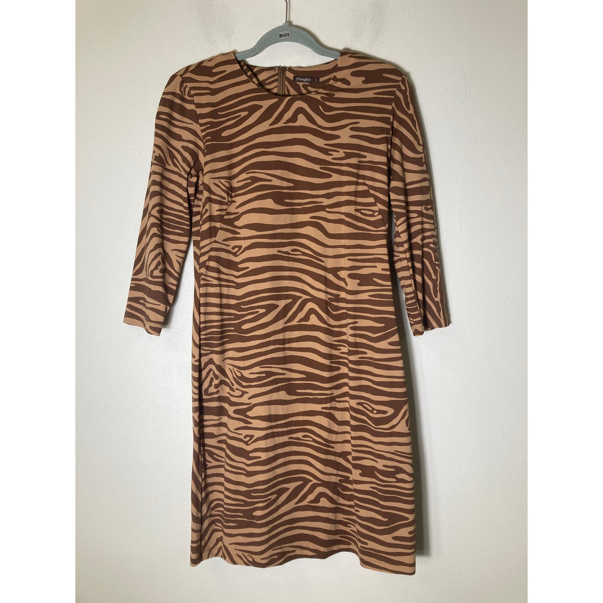 J. McLaughlin Tan Brown Animal Print 3/4 Sleeve Crew Neck Sheath Dress Sz S