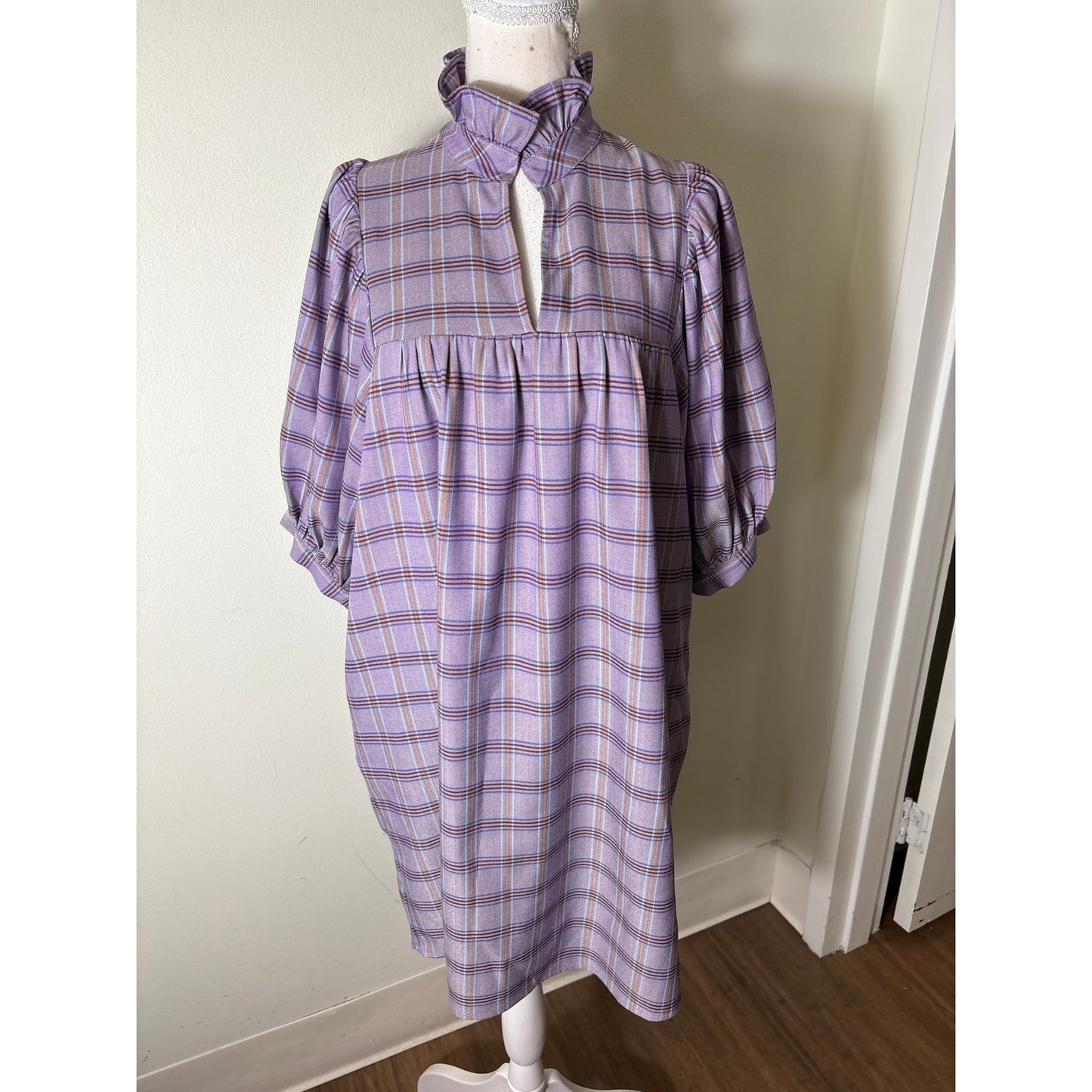 Jade Puprle Plaid Ruffle Neckline Mini Dress Sz XS
