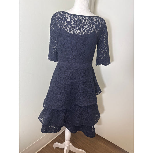 Teri Jon Navy Lace Tiered Midi Dress Sz 6