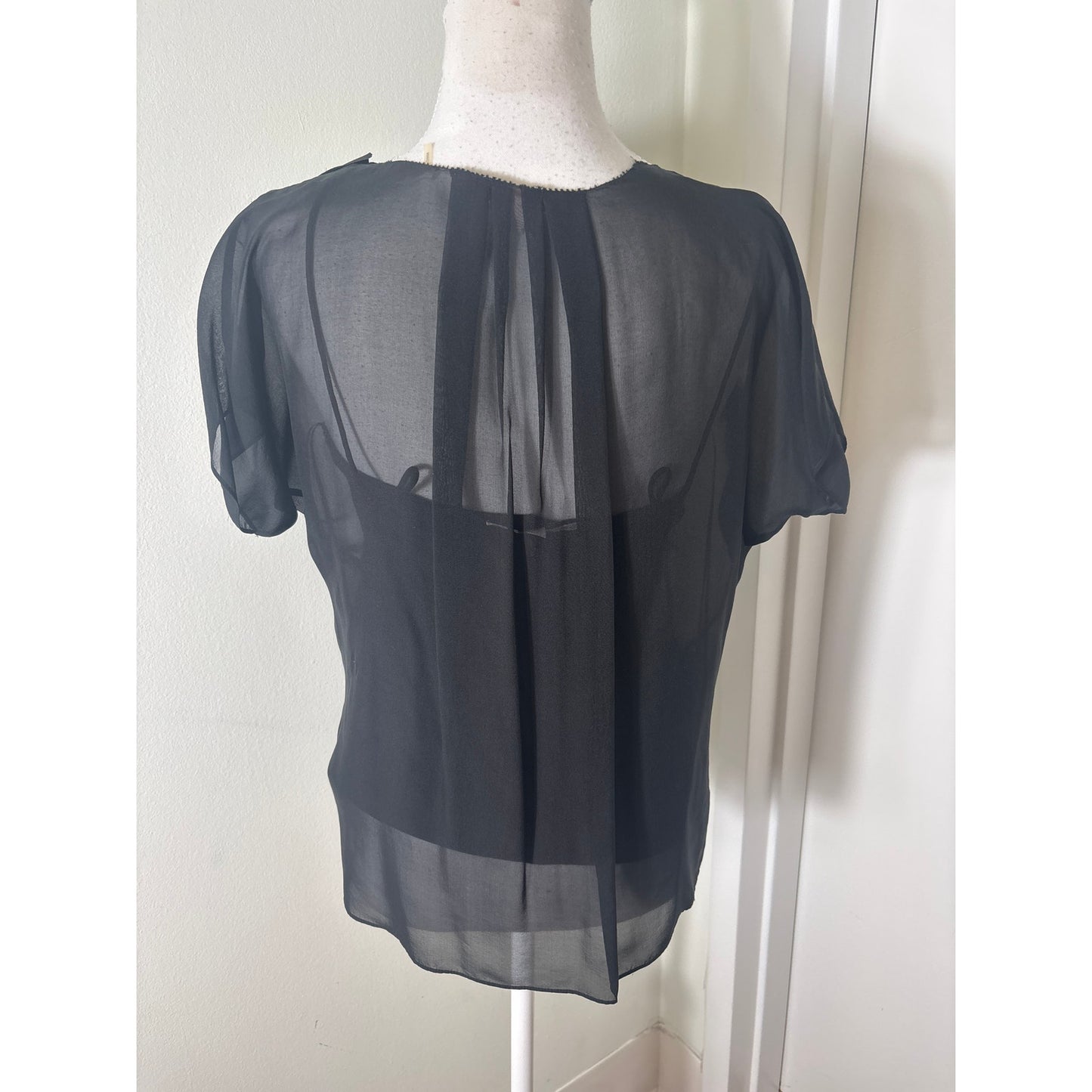 Rebecca Taylor Black Sheer Fish Scale and Diamonds Short Sleeve Shirt Sz 4