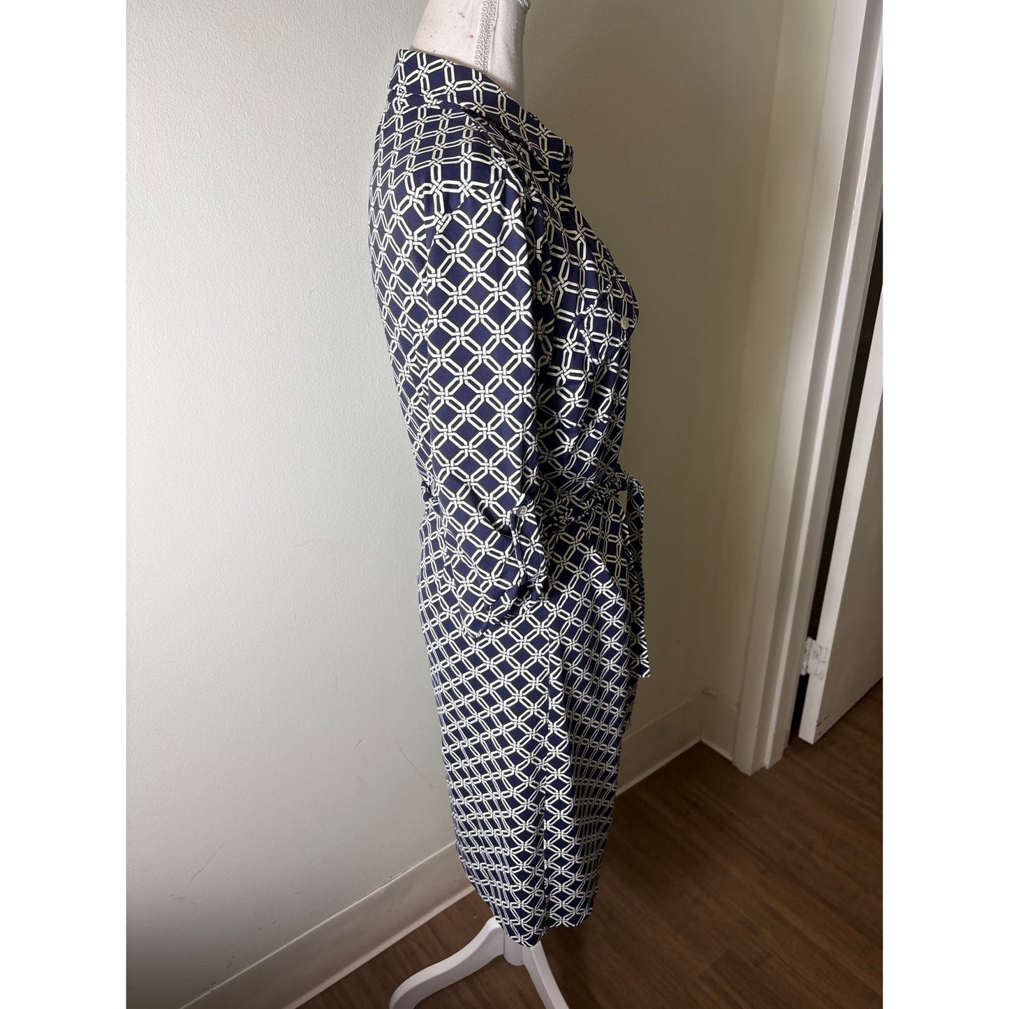 J. McLaughlin Dark Blue White Bamboo Long Sleeve Knee Length Dress Sz XS