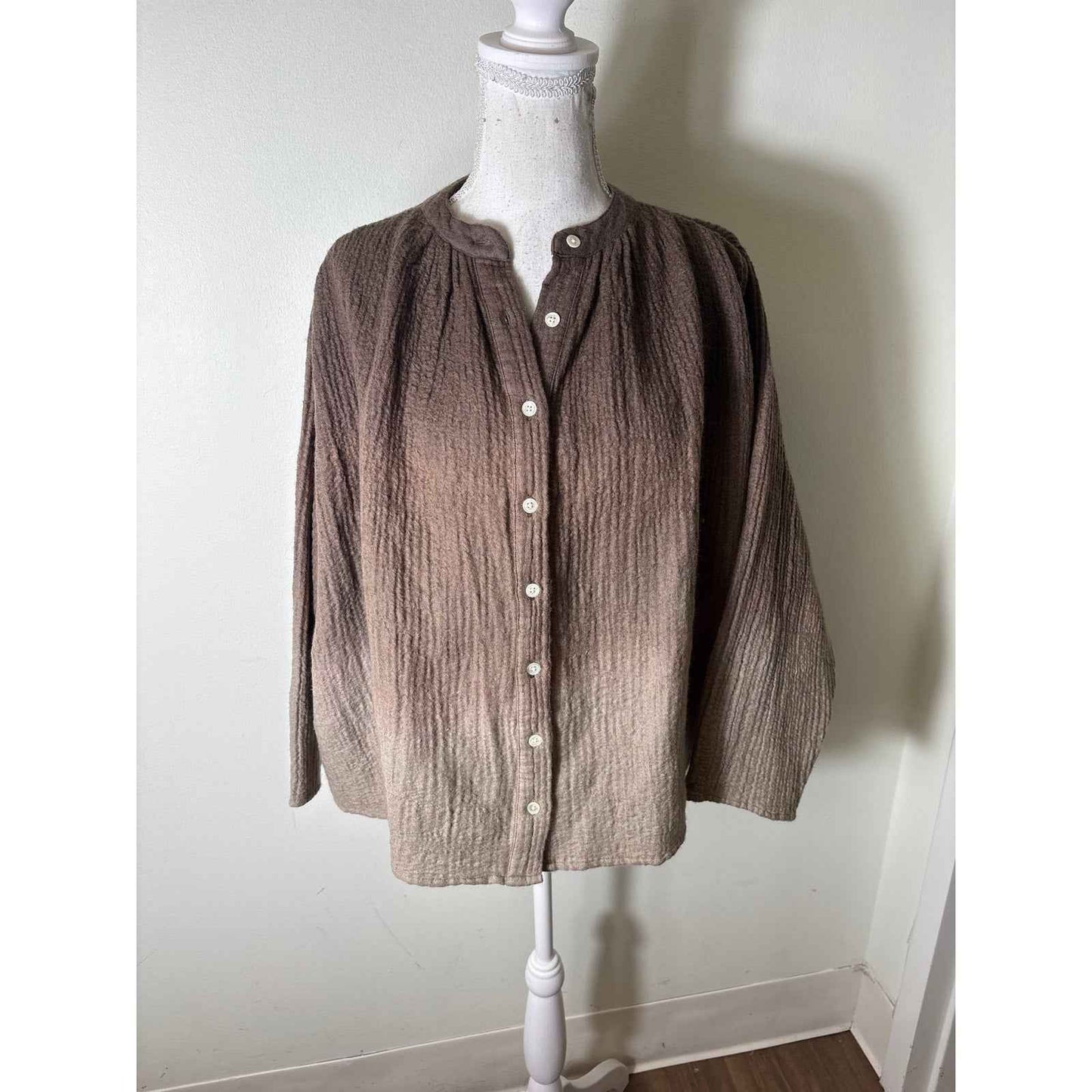 V.DE. Vinster Brown Waffle Gauze Long Sleeve Boxy Shirt Sz M