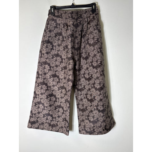 Buru Brown Flower Jacquard Elastic Waist Pants Sz M