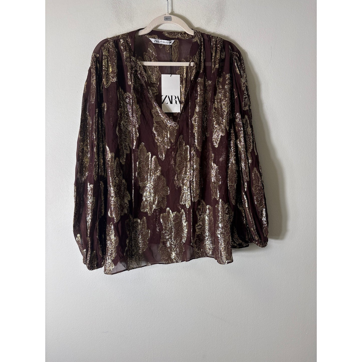 Zara Brown and Gold Threaded Sheer Top Sz L