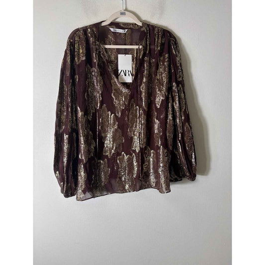 Zara Brown and Gold Threaded Sheer Top Sz L