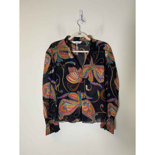 Trina Turk Black Multicolor Long Sleeve Sheer V Neck Blouse Sz S