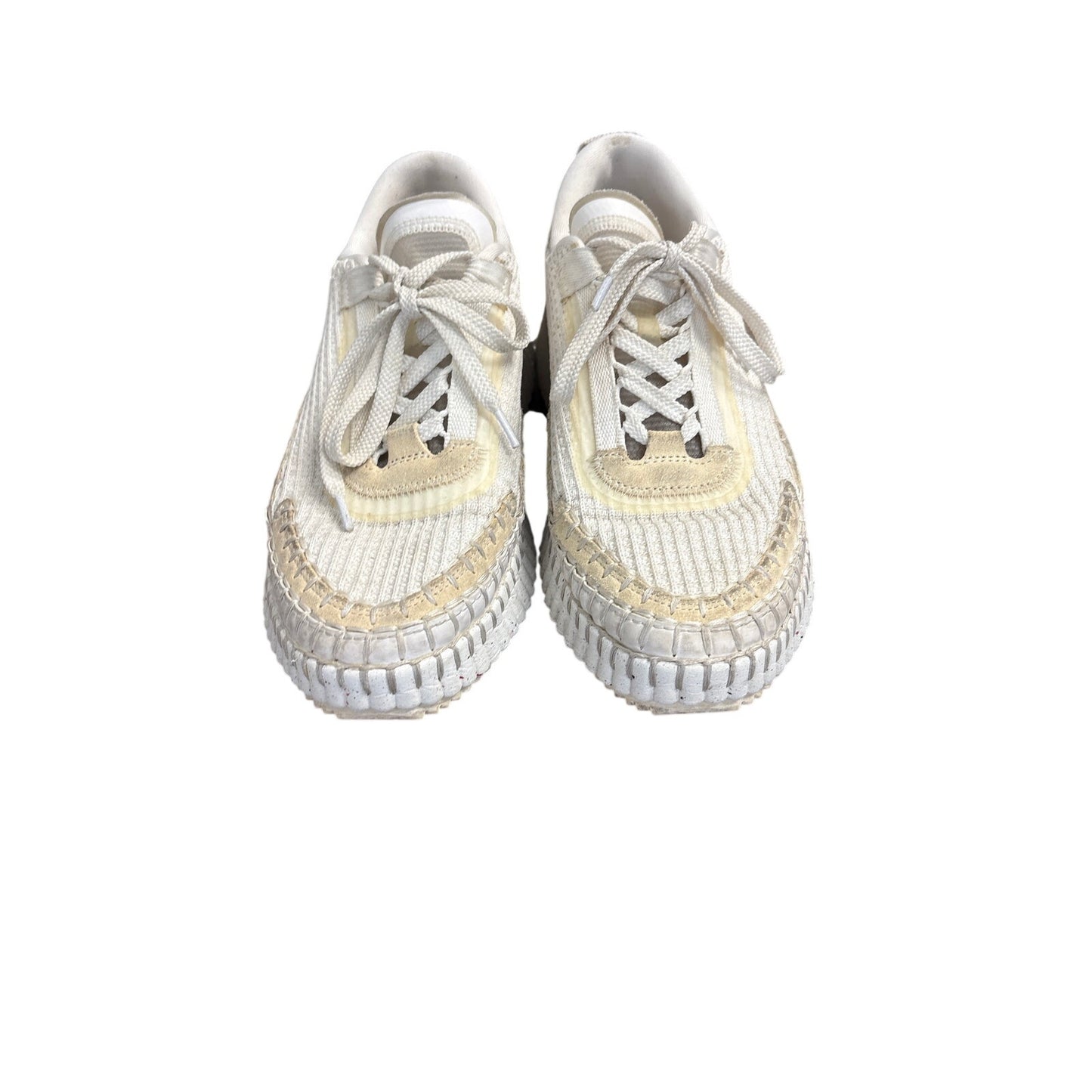 Chloe Leather and Woven Canvas Stacked Tennis Shoes Sz 8/8.5