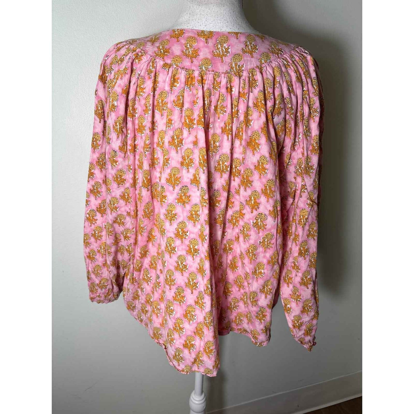 India Collection Pink and Orange Block Print Shirt sz M
