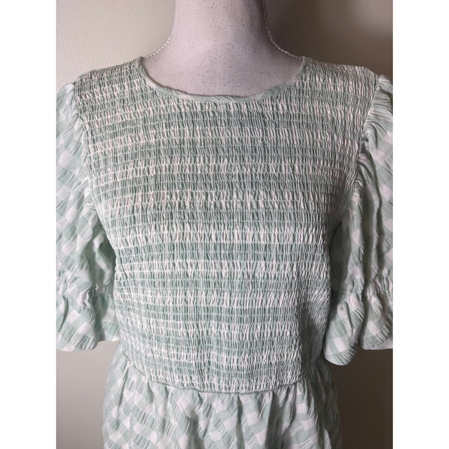 Tuckernuck Mint Green Gingham Half Sleeve Smocked Maxi Dress Sz L