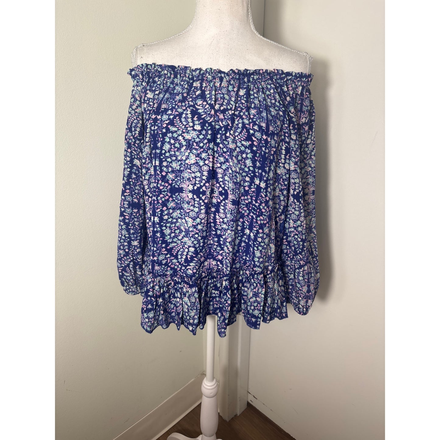 Rebecca Taylor Blue Floral Long Sleeve Off the Shoulder Sz 6